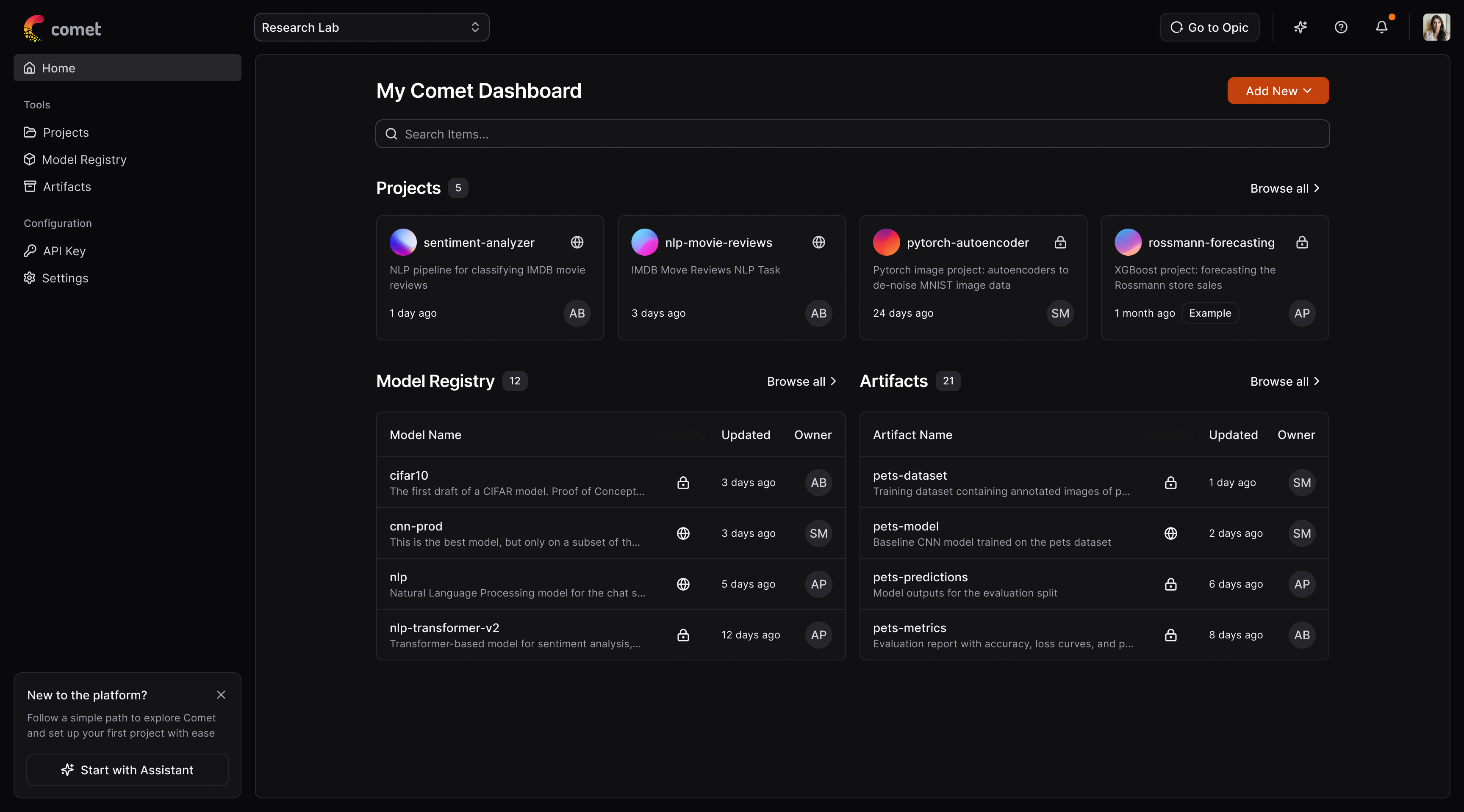 Comet ML dashboard